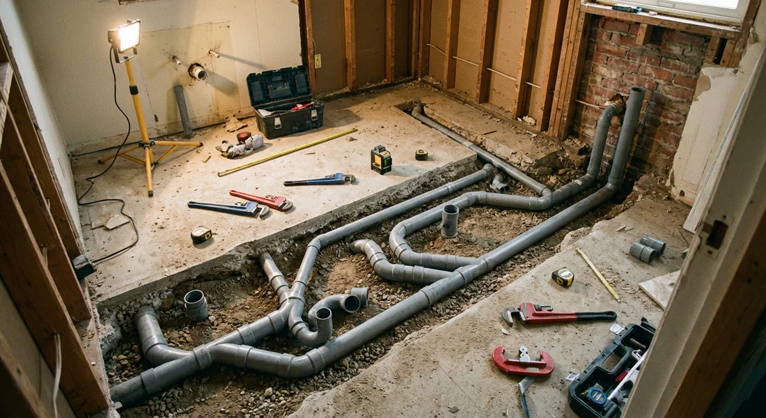 Mise en place des canalisations d'évacuation Vue d'ensemble d'une installation d'évacuation WC en PVC.