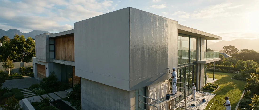 Contraste de teinte entre la zone sèche et la zone humide d'une façade de maison moderne en cours de séchage.