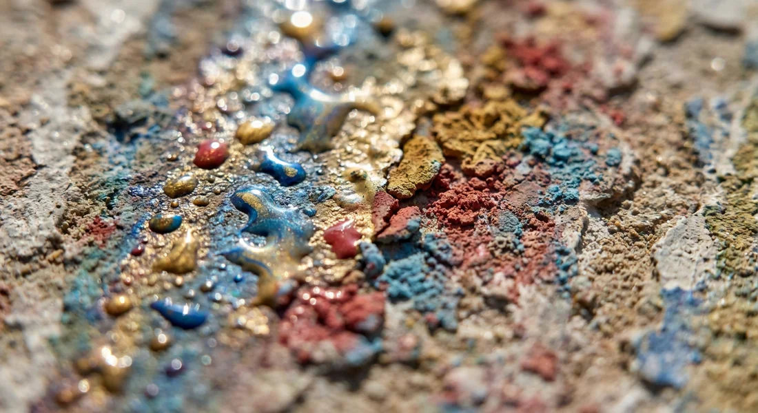 Détail macro du séchage des pigments de peinture sur un crépi de façade.