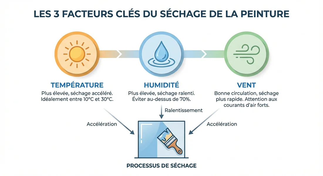 Schéma des facteurs météorologiques influençant le temps de séchage de la peinture.
