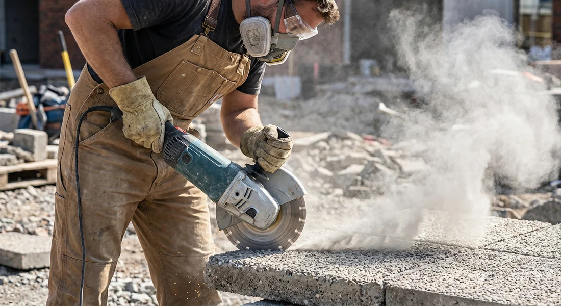 Bricoleur équipé d'un masque et de lunettes coupant une dalle gravillonnée avec une meuleuse 230mm et dégagement de poussière.