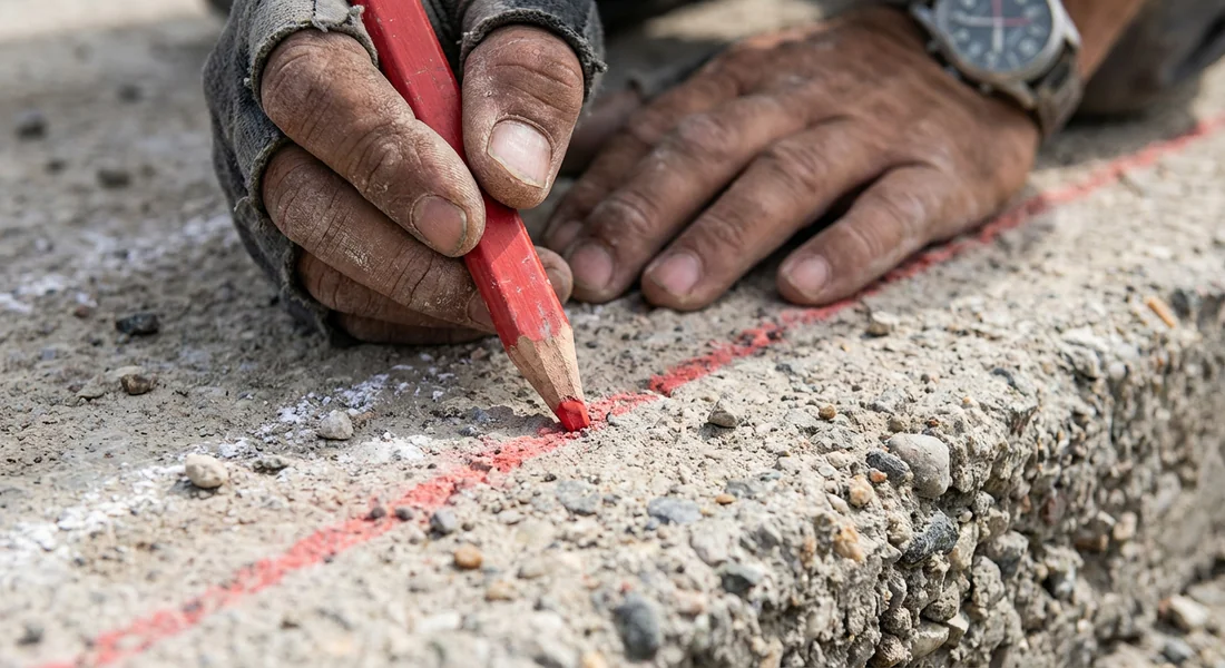 Marquage d'une ligne de coupe sur une dalle avant l'utilisation de la meuleuse.