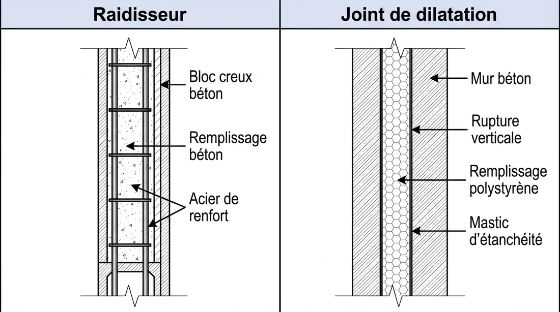 Comparaison visuelle entre un poteau raidisseur et un joint de dilatation