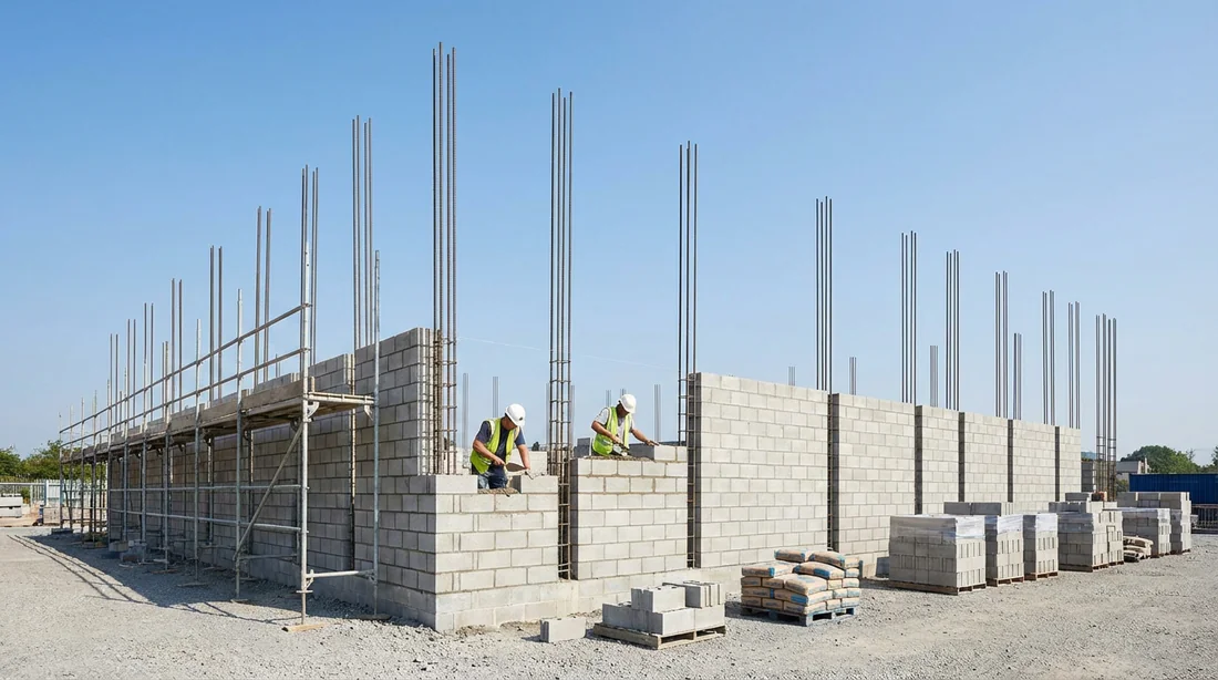 Mur en parpaings en cours de construction avec fers à béton verticaux tous les 4 mètres