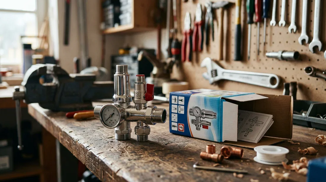 Gros plan sur un groupe de sécurité et un siphon de chauffe-eau vertical présentant une fuite avec une flaque d'eau au sol.