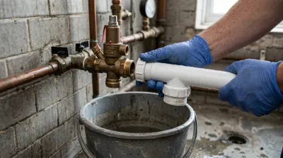 Miniature explicative pour réparer une fuite de siphon de cumulus avec un panneau d'avertissement.