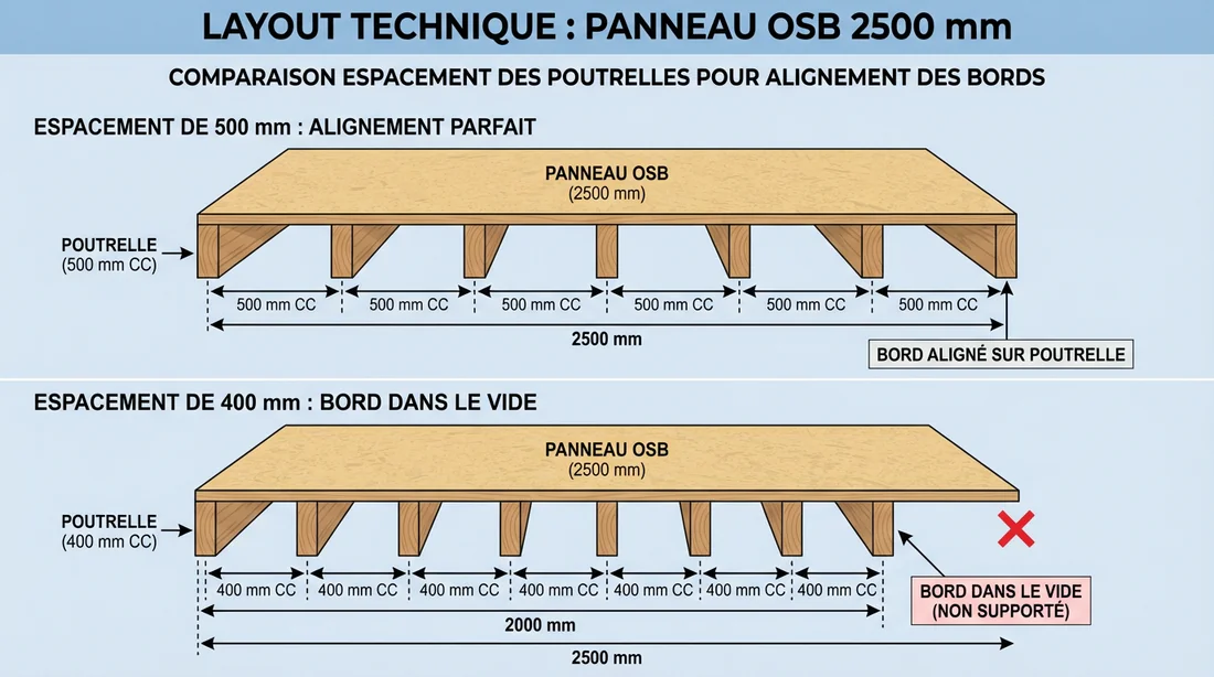 Infographie de calepinage comparant un entraxe de 500mm et 400mm pour une plaque de 2500mm