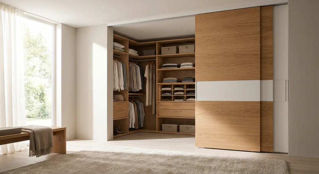 Grand placard dressing moderne avec portes coulissantes en bois et blanc et rangements organisés.