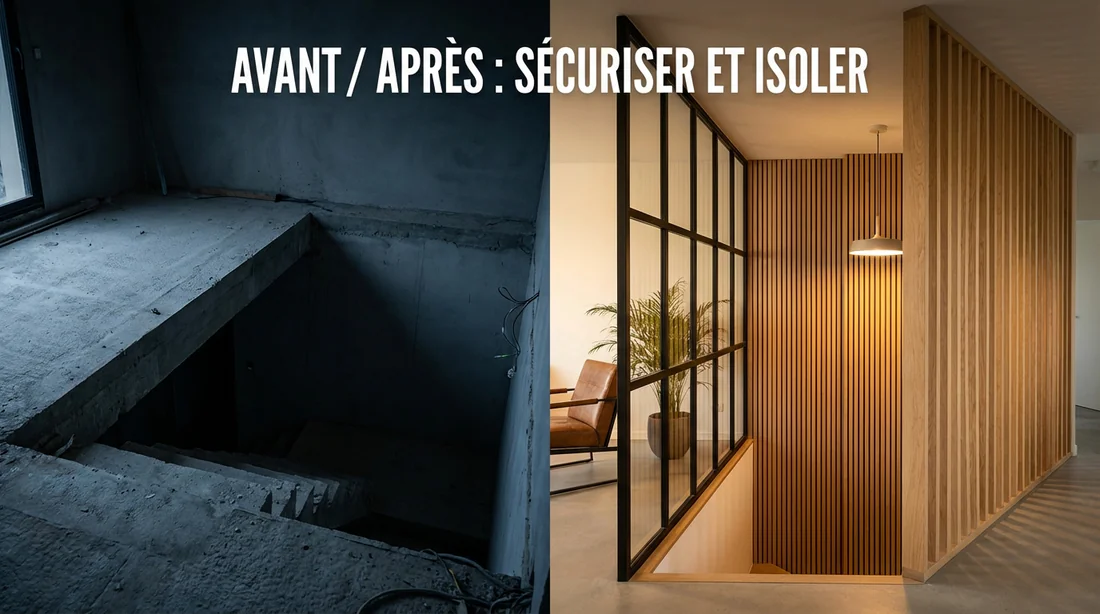 Transformation d'un palier : Sécurisation et Isolation Avant après de la fermeture d'un palier d'escalier avec verrière industrielle et claustra bois