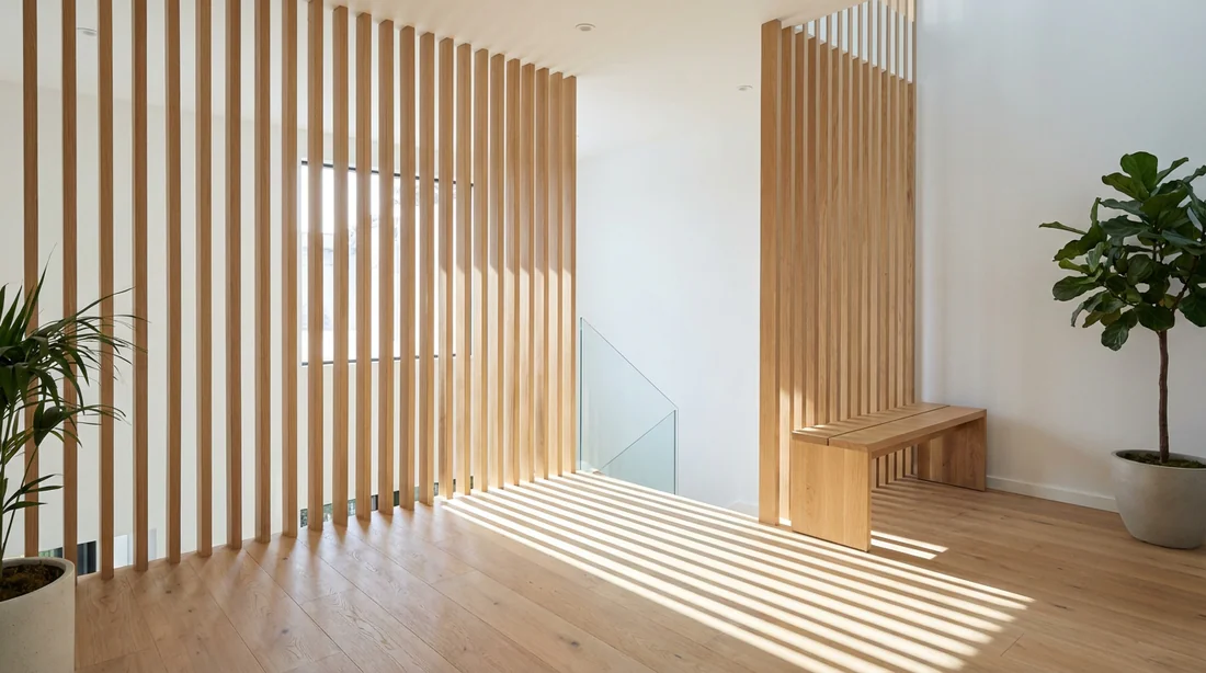 Solution claustra bois design Claustra en tasseaux de bois de chêne pour séparer le palier