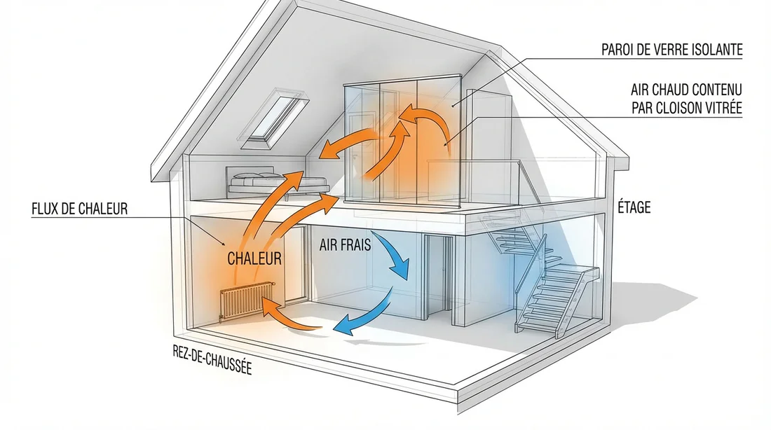 Économie d'énergie par la fermeture de palier Schéma technique de l'isolation thermique d'un palier fermé