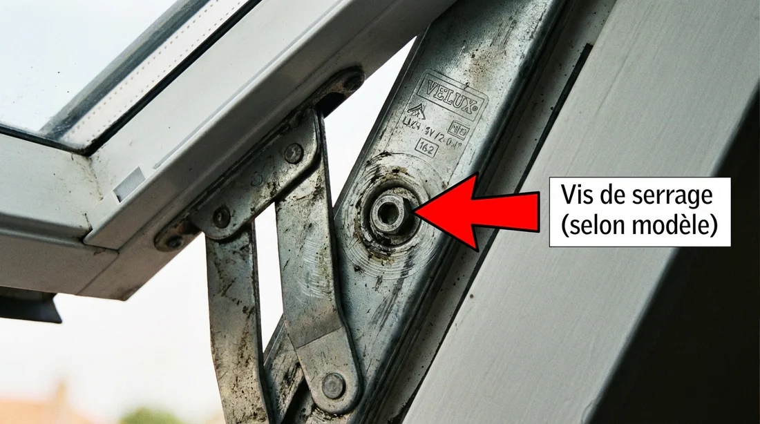 Gros plan sur la vis de serrage de la charnière latérale d'un Velux.