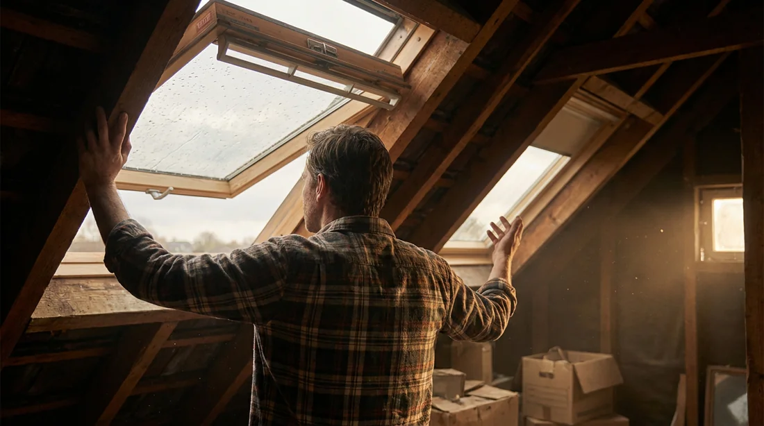Personne de dos frustrée essayant de maintenir un Velux ouvert à la main.