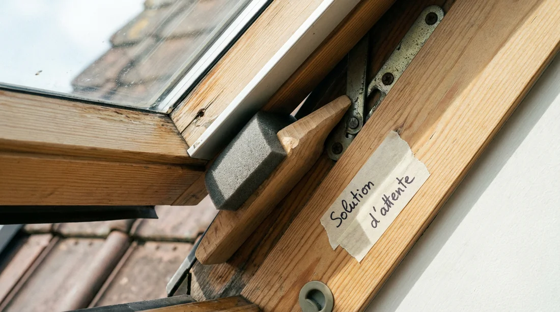 Utilisation d'une cale en bois comme solution temporaire pour bloquer un Velux ouvert.