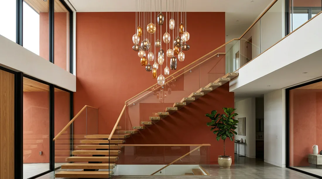 Aménagement d'une cage d'escalier avec lustre design et mur d'accent Cage d'escalier moderne avec grande hauteur sous plafond, lustre en grappe et mur peint terracotta.