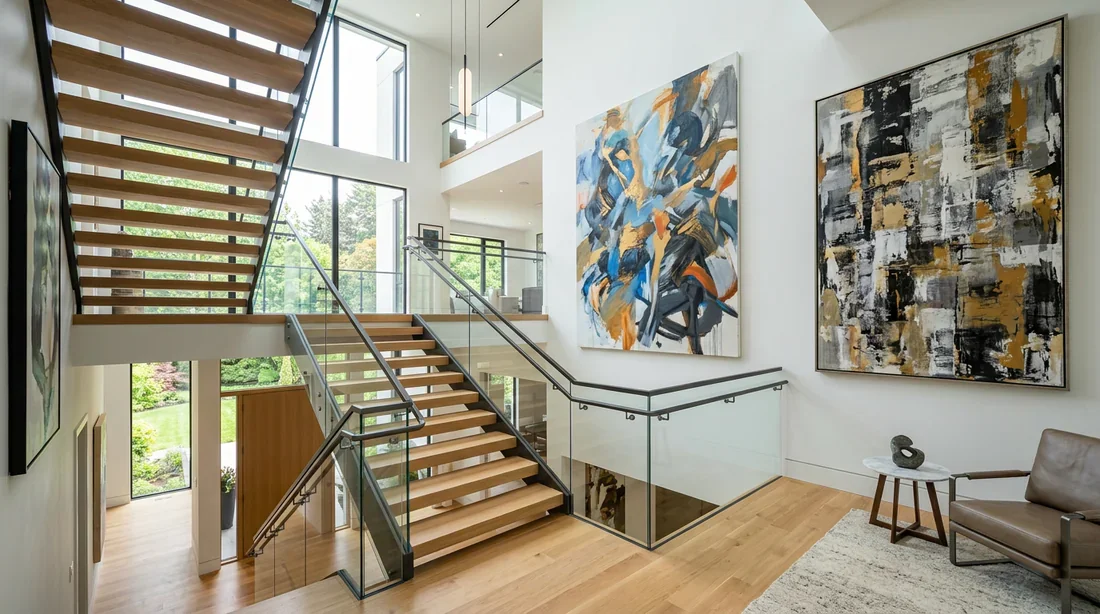 Optimisation du volume mural d'un escalier Décoration murale avec cadres XXL dans un escalier à grand volume.