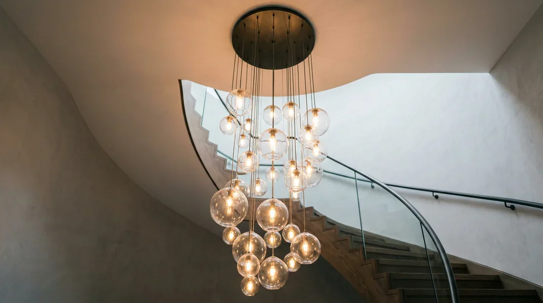 Lustre grappe pour plafond haut Détail d'un lustre en grappe contemporain suspendu dans un escalier.