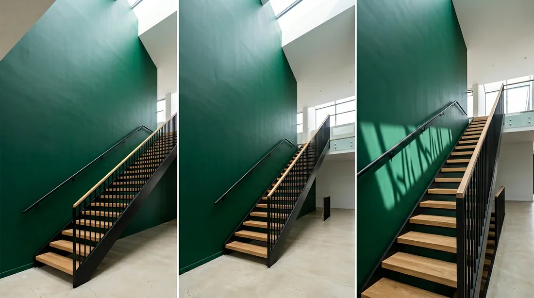 Peinture murale pour cage d'escalier haute Mur d'accent vert émeraude soulignant la hauteur d'un escalier moderne.