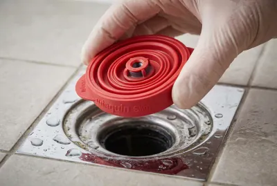 Main tenant une cartouche à membrane Wirquin au-dessus d'une évacuation de douche.