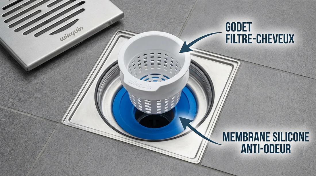 Photo annotée d'une bonde Wirquin montrant le filtre à cheveux et la membrane.