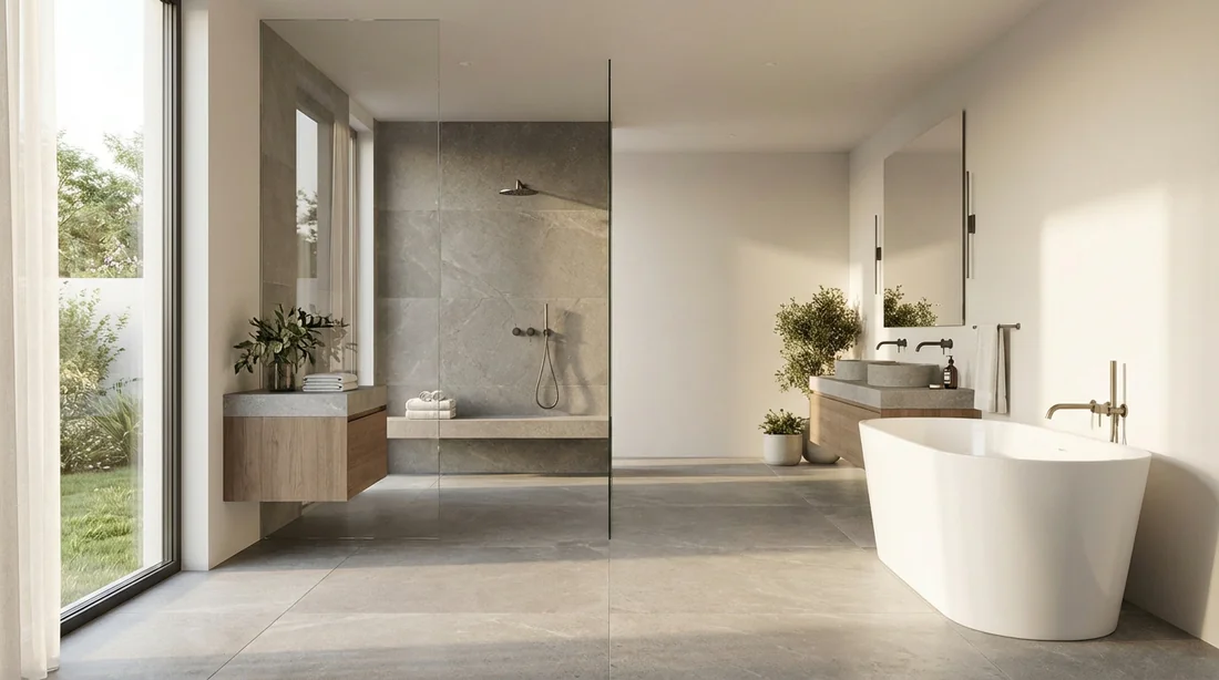 Salle de bain moderne lumineuse avec une douche à l'italienne propre et sereine.