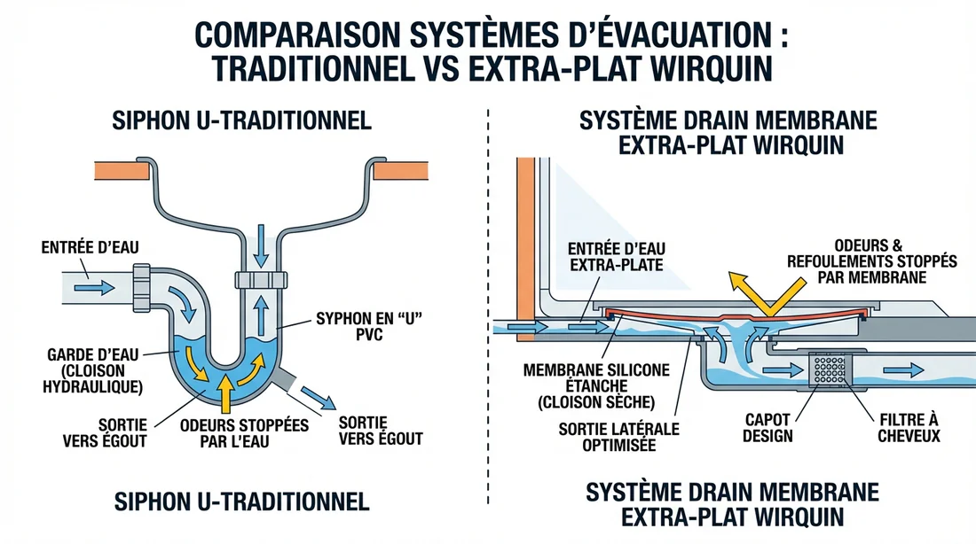 Schéma comparatif entre un siphon en U classique et une bonde Wirquin à membrane.