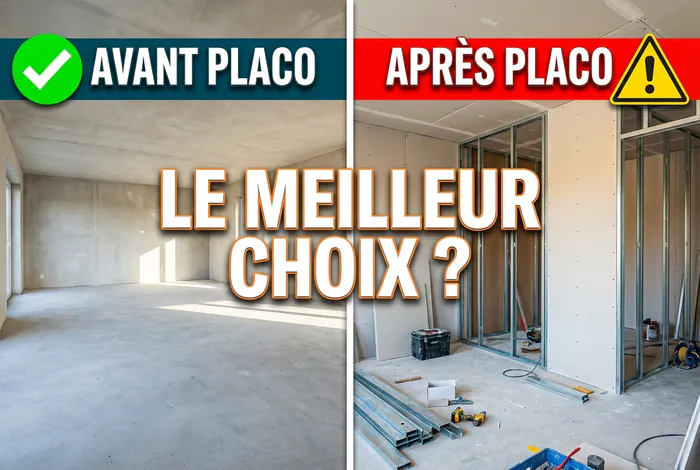 Ragréage avant ou après placo : le verdict expert - Ragréage avant ou après placo ? Guide 100% réussi - Ragréage avant ou après placo ? 3 règles d'or Comparatif visuel entre ragréage avant et après la pose des cloisons