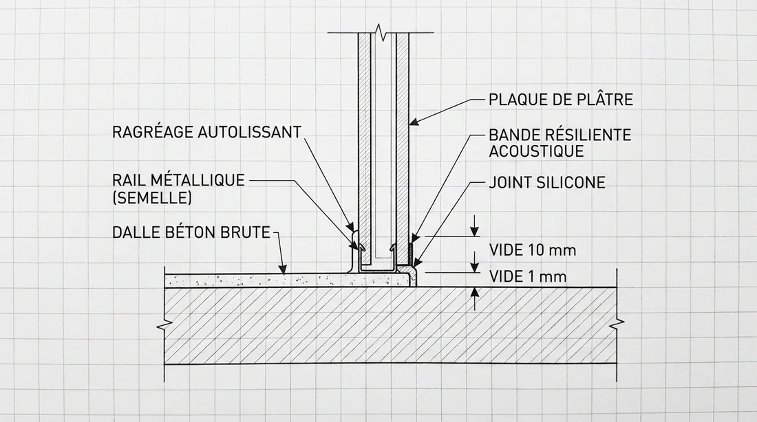 Schéma technique en coupe d'une cloison placo sur ragréage avec espace de dilatation