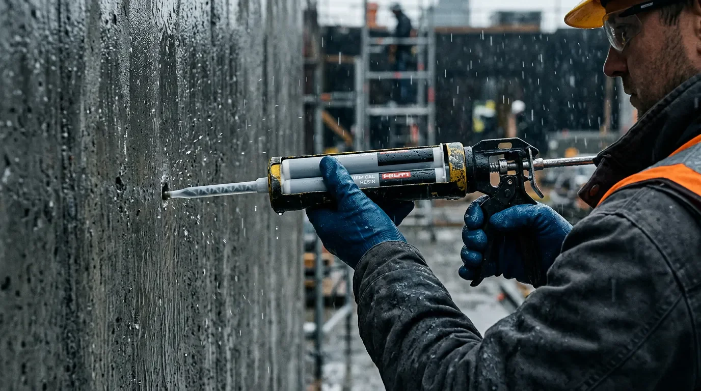 Pose de scellement chimique sur un mur en béton sous la pluie battante avec une cartouche de résine.