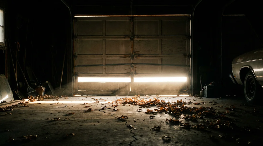 Problème d'étanchéité et jour sous une porte de garage Jour de lumière visible sous une porte de garage fermée avec feuilles mortes au sol