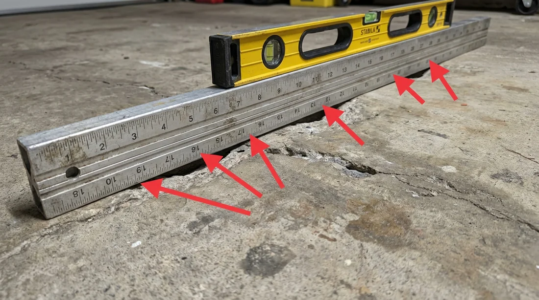 Mesurer le défaut de niveau d'un seuil de garage Mesure de l'écart de niveau au sol avec une règle de maçon et un niveau à bulle