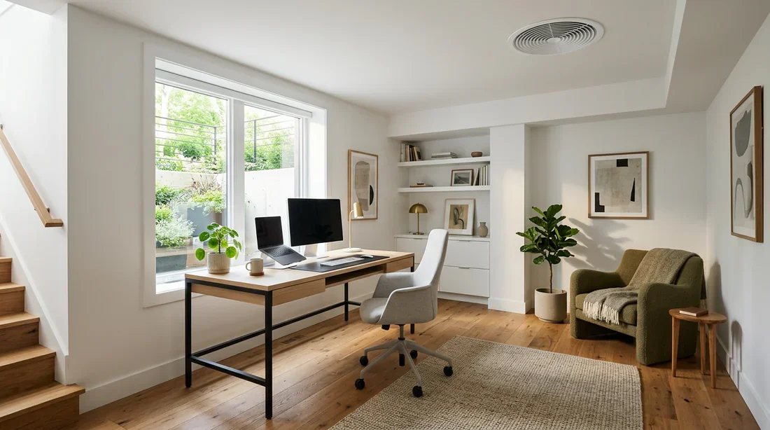 Schéma technique du flux d'air d'une VMC dans un sous-sol.